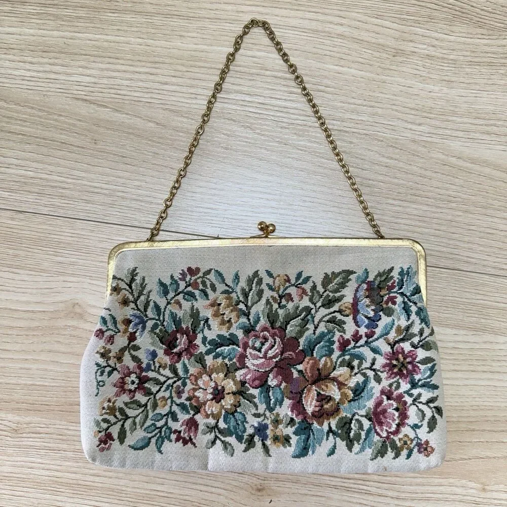Vtg Needlepoint Tapestry Bag Handmade Floral Grandmacore 50s MCM Evening Classy